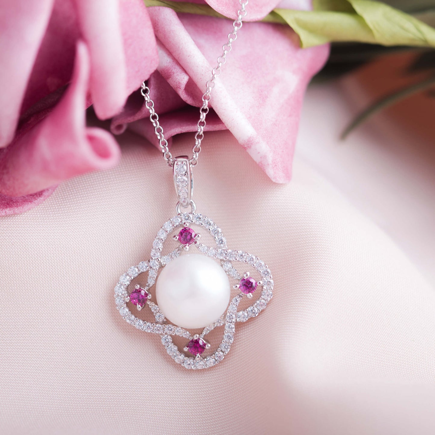 Molah 925 Silver Cultured Freshwater Pearl and Cubic Zirconia Swirl Clover Pendant Necklace