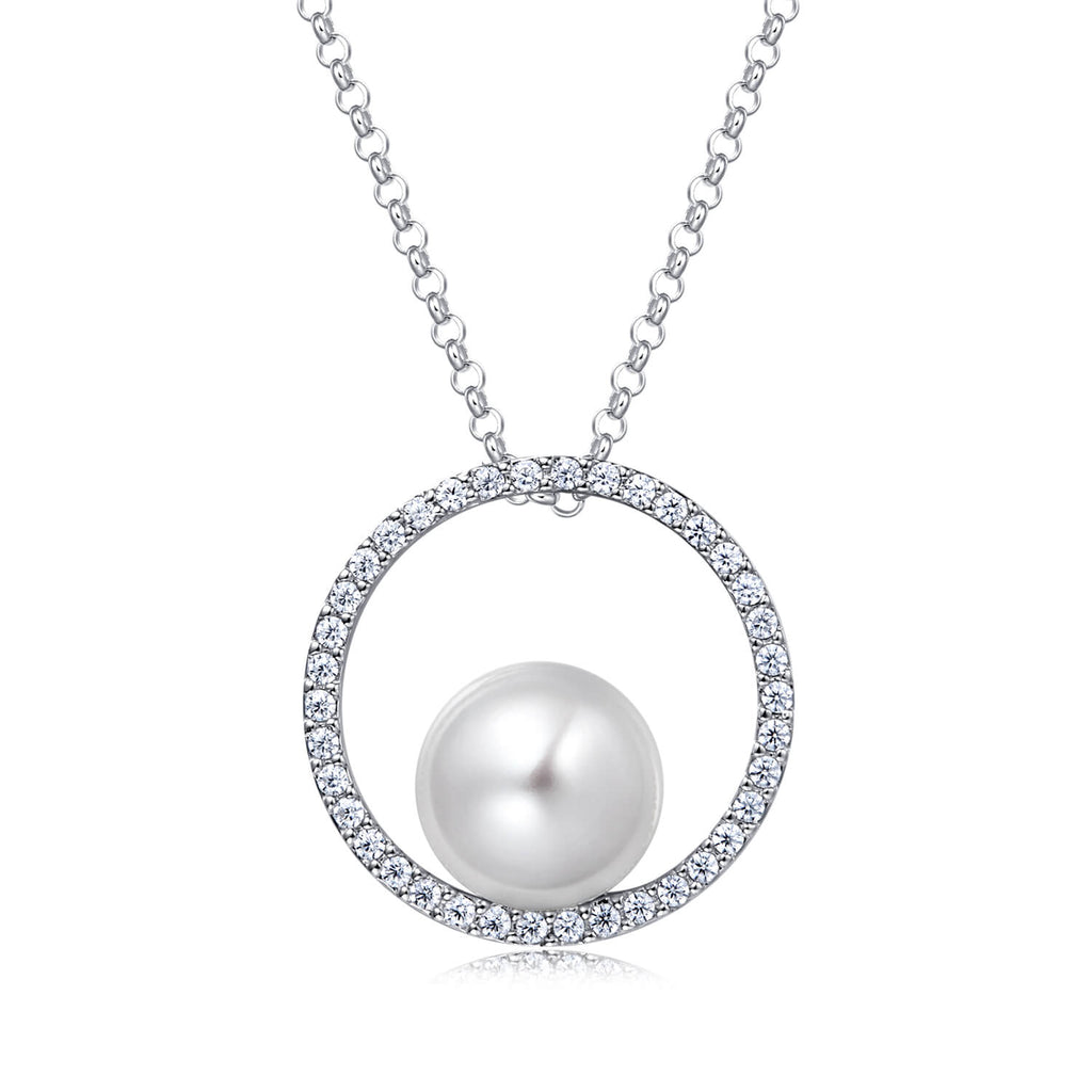 Molah 925 Silver Cultured Freshwater Pearl and Cubic Zirconia Circle Pendant Necklace