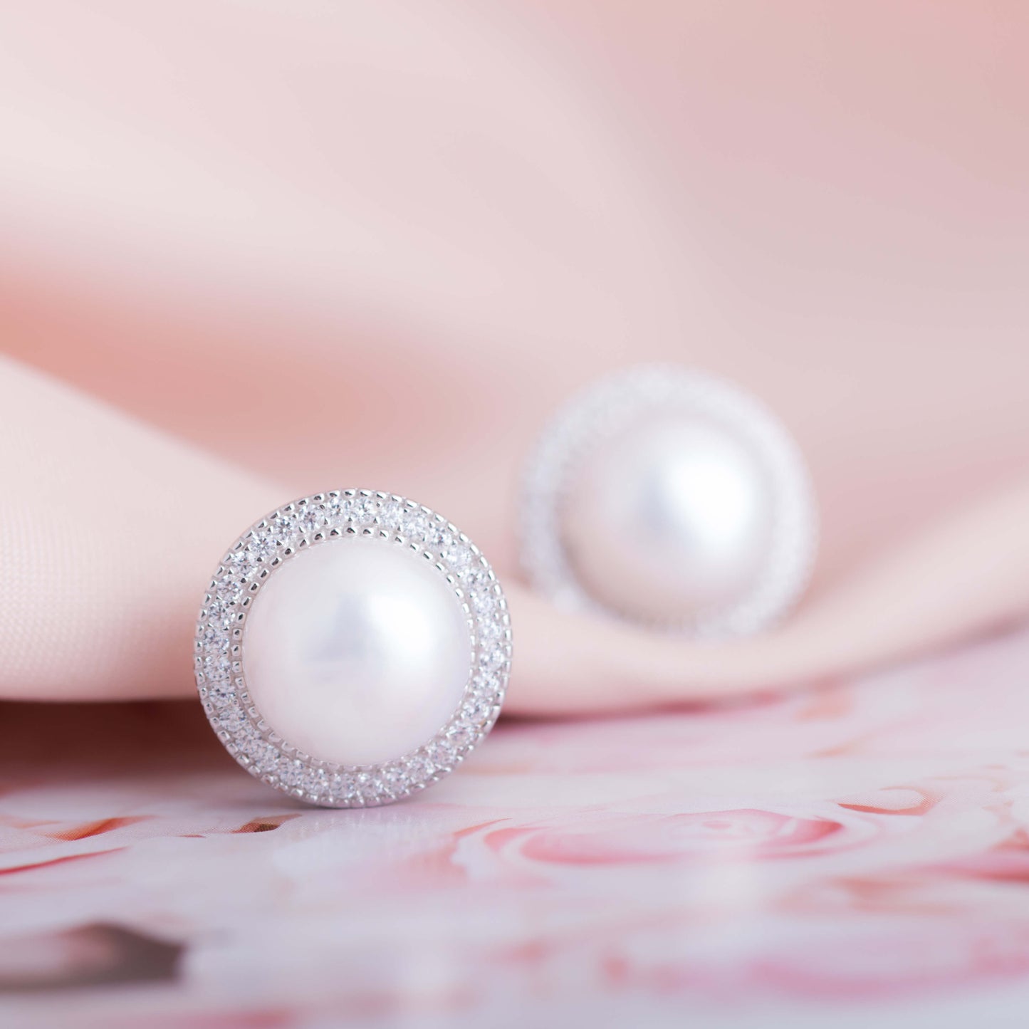 Molah 925 Silver Cultured Freshwater Pearl and Cubic Zirconia Omega Back Halo Earrings