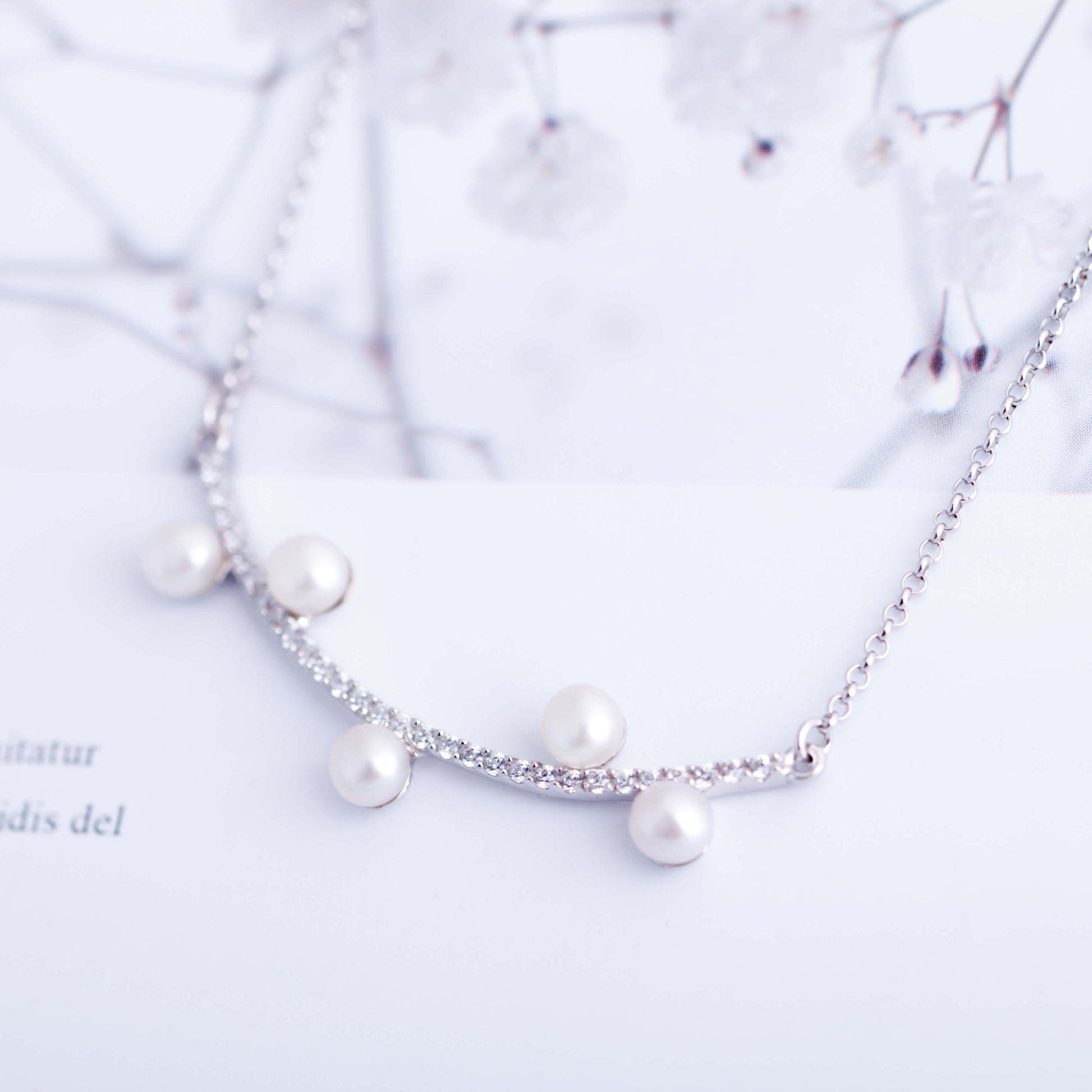 Molah 925 Silver Cultured Freshwater Pearl and Cubic Zirconia White Cherry Blossom Necklace