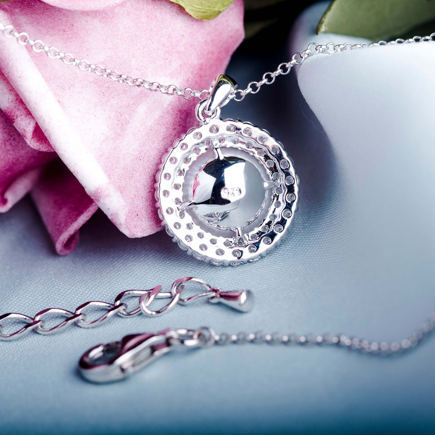 MOLAH 925 Silver Cultured Freshwater Pearl and Cubic Zirconia Double Layer Halo Necklace