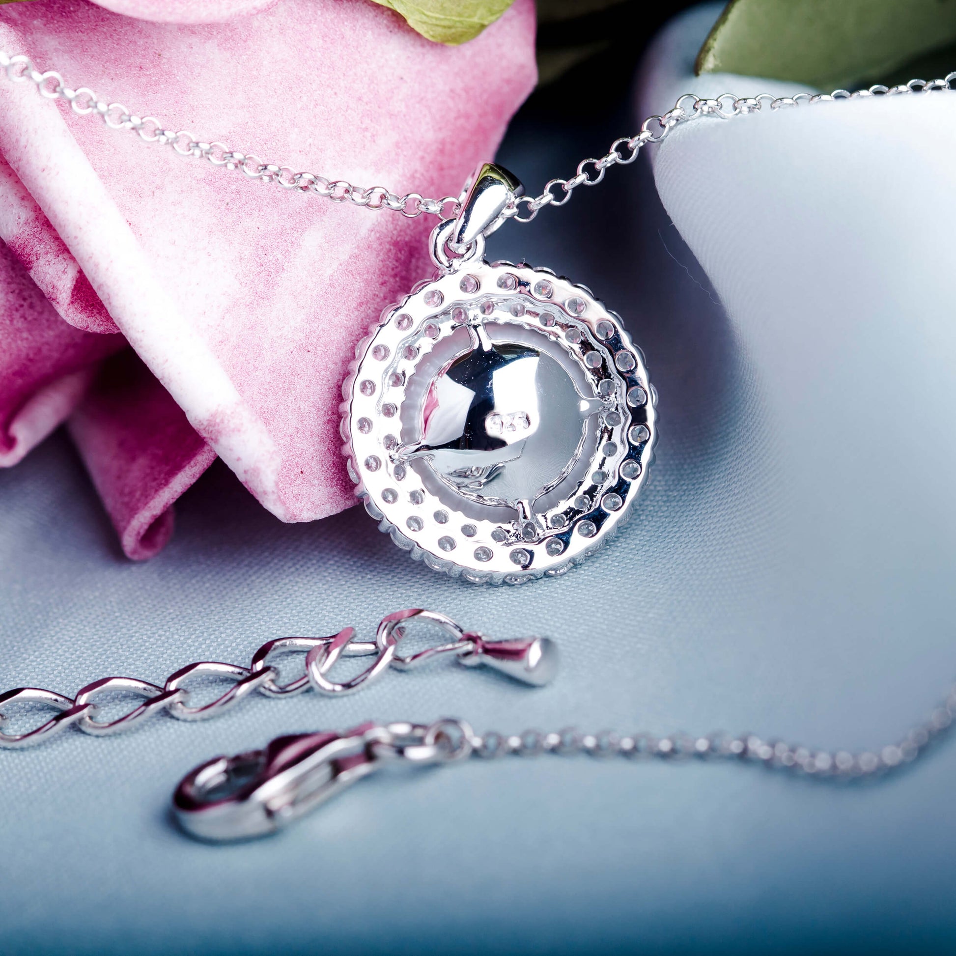 MOLAH 925 Silver Cultured Freshwater Pearl and Cubic Zirconia Double Layer Halo Necklace