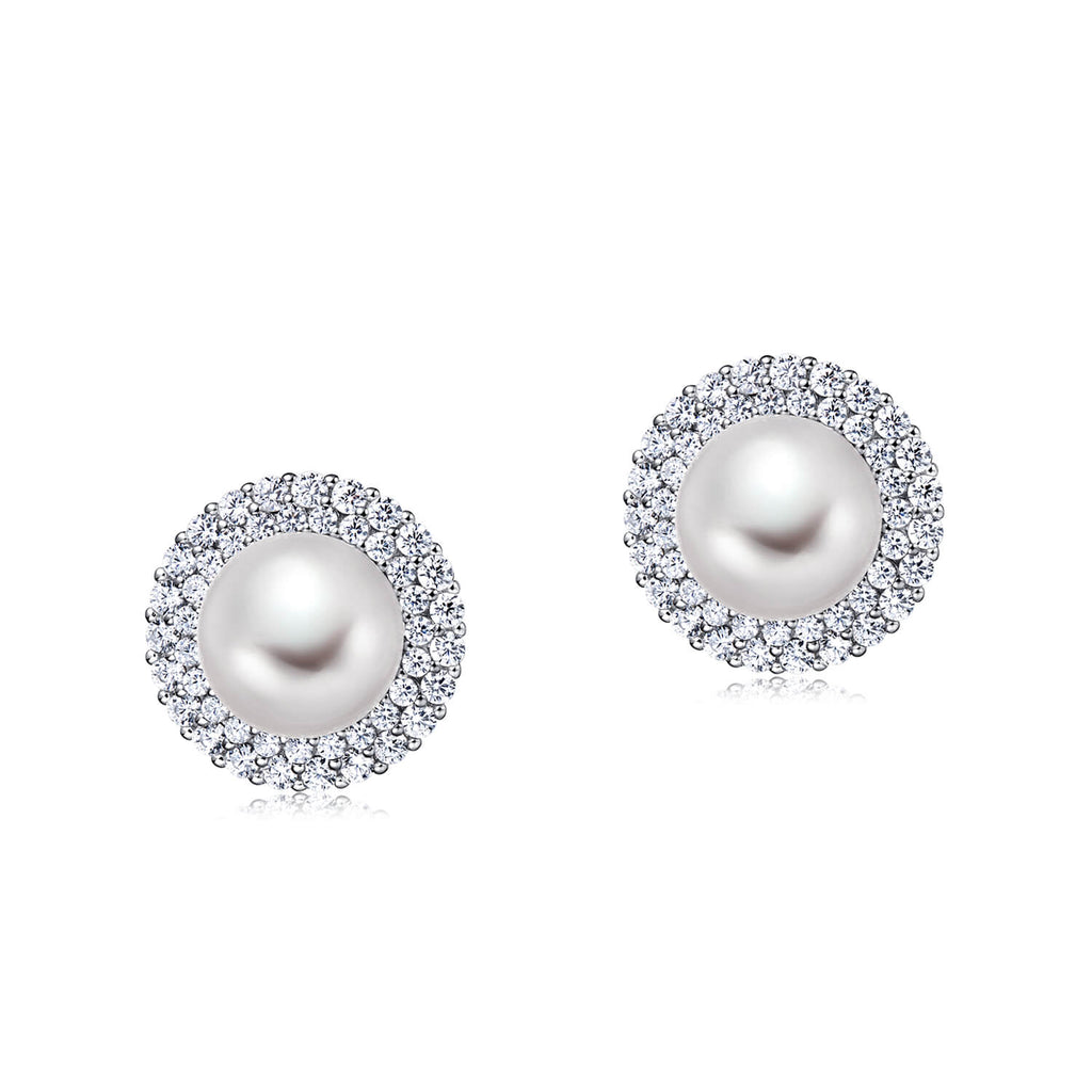MOLAH 925 Silver Cultured Freshwater Pearl and Cubic Zirconia Omega Back Double Layer Halo Earrings