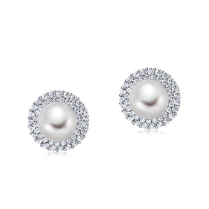 MOLAH 925 Silver Cultured Freshwater Pearl and Cubic Zirconia Omega Back Double Layer Halo Earrings