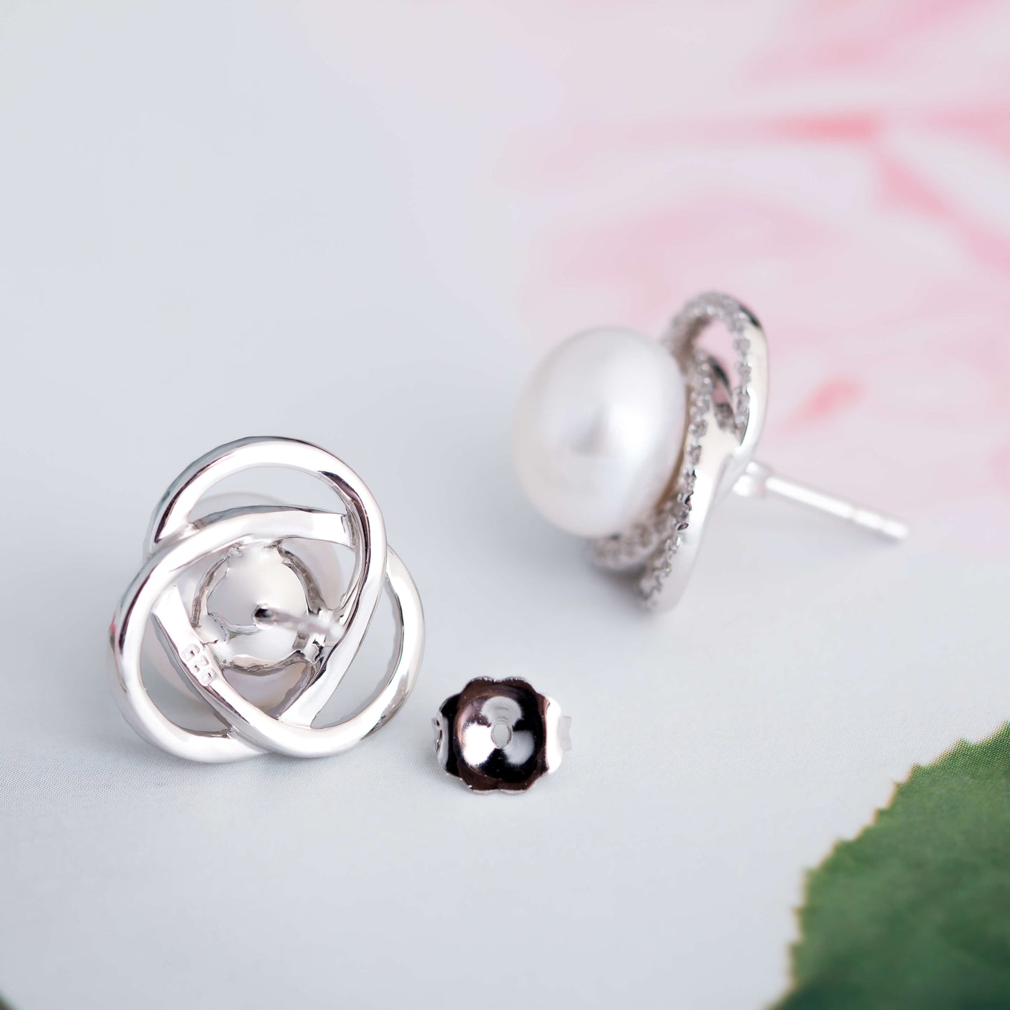 Molah 925 Silver Cultured Freshwater Pearl and Cubic Zirconia Celtic Knot Stud Earrings