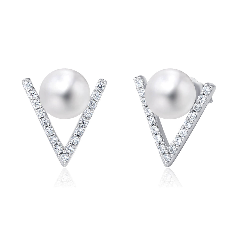 Molah 925 Silver Cultured Freshwater Pearl and Cubic Zirconia Chevron Stud Earrings