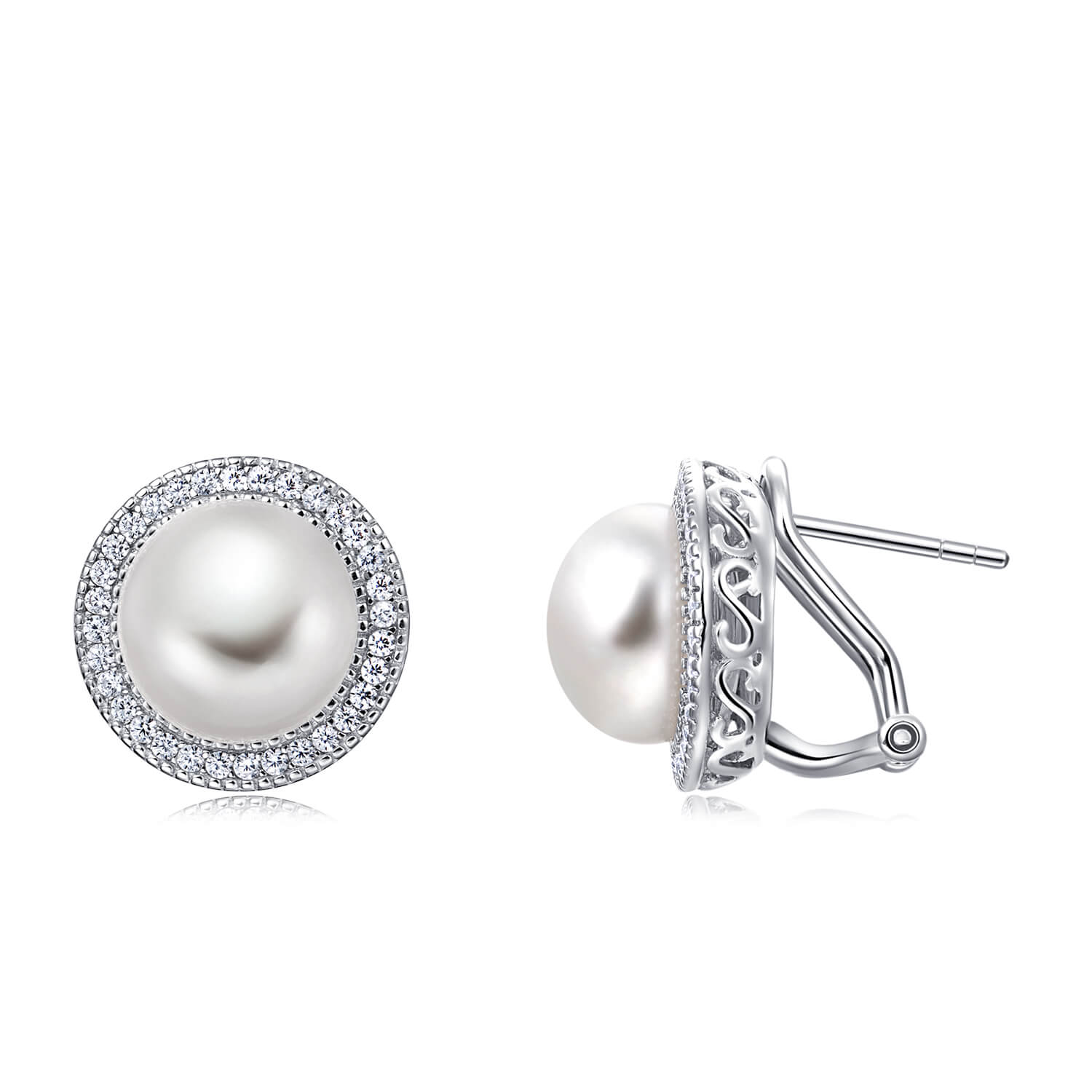 Molah 925 Silver Cultured Freshwater Pearl and Cubic Zirconia Omega Back Halo Earrings