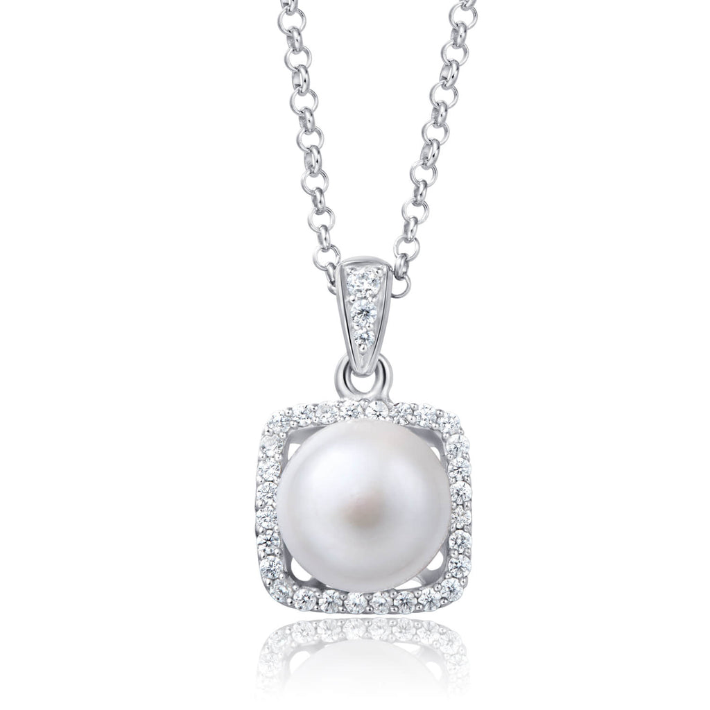 Molah 925 Silver Cultured Freshwater Pearl and Cubic Zirconia Square Geometric Pendant Necklace