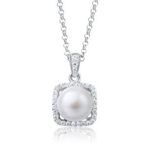 Molah 925 Silver Cultured Freshwater Pearl and Cubic Zirconia Square Geometric Pendant Necklace