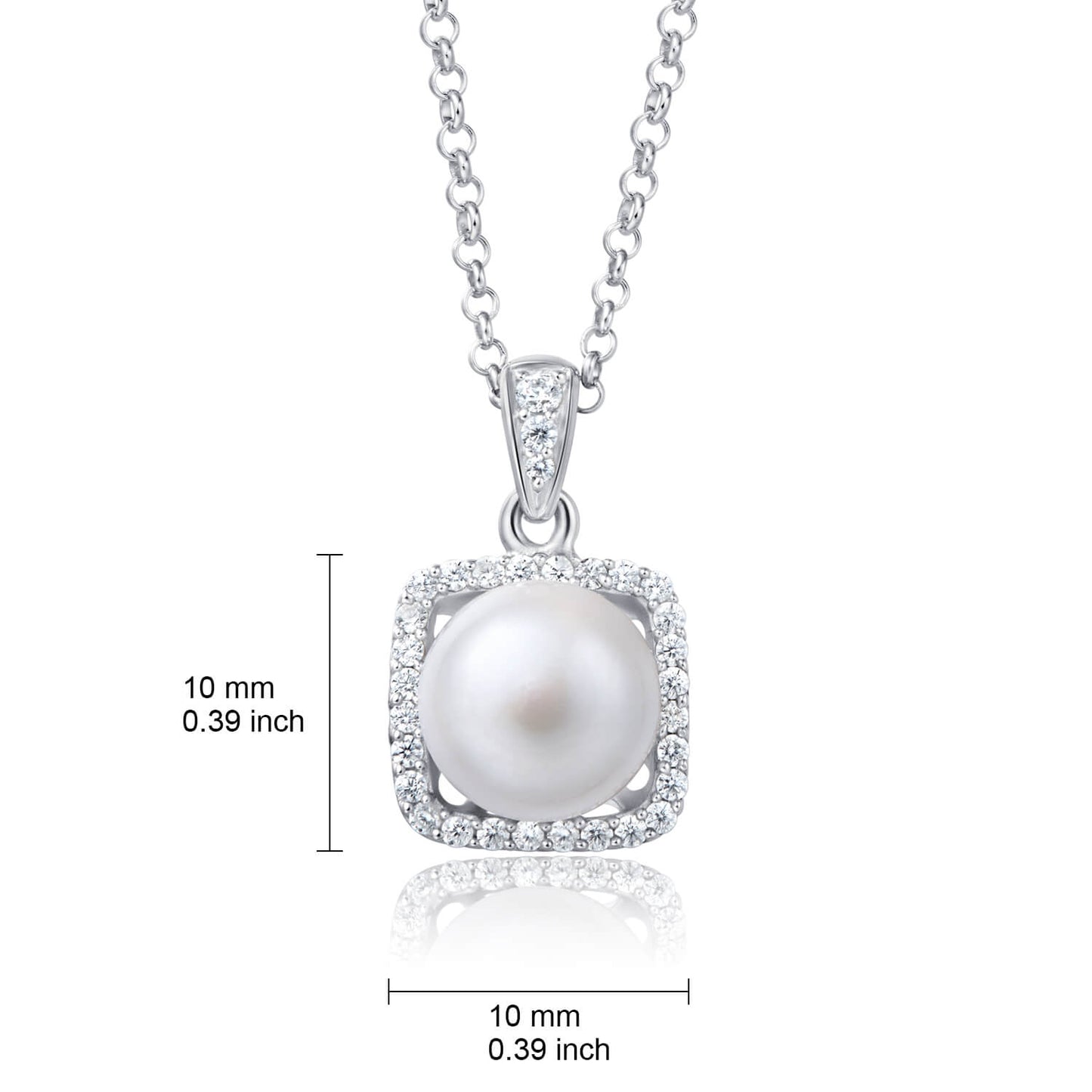 Molah 925 Silver Cultured Freshwater Pearl and Cubic Zirconia Square Geometric Pendant Necklace