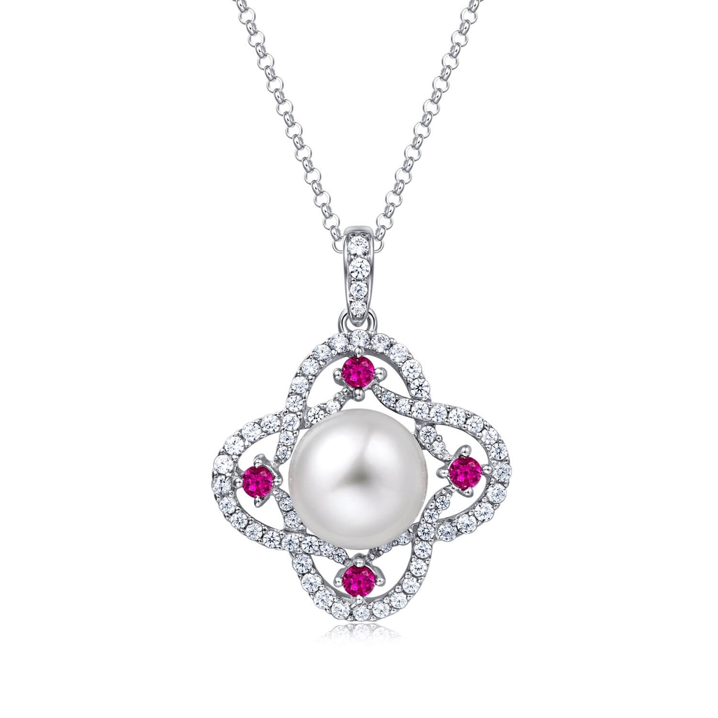 Molah 925 Silver Cultured Freshwater Pearl and Cubic Zirconia Swirl Clover Pendant Necklace