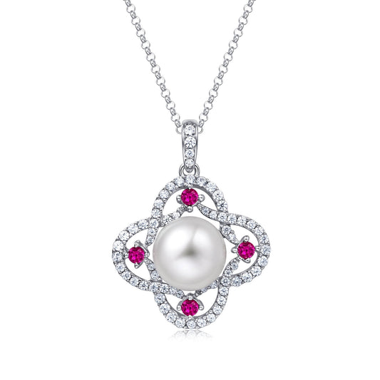 Molah 925 Silver Cultured Freshwater Pearl and Cubic Zirconia Swirl Clover Pendant Necklace