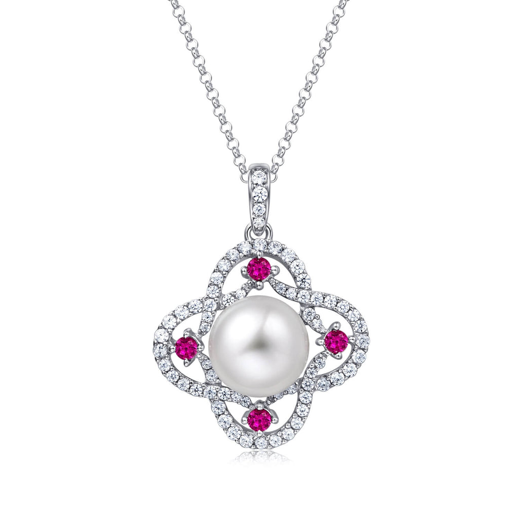 Molah 925 Silver Cultured Freshwater Pearl and Cubic Zirconia Swirl Clover Pendant Necklace