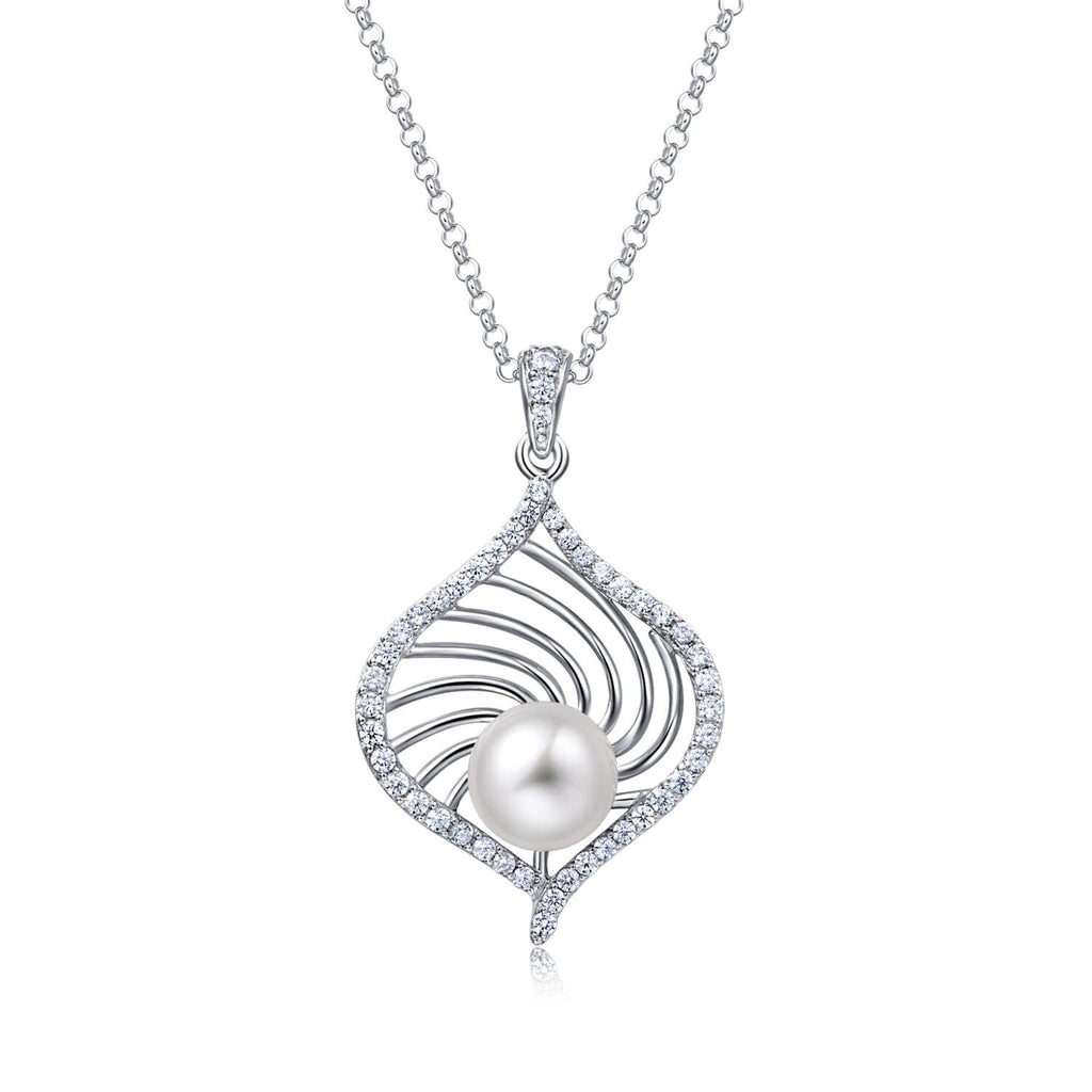 Molah 925 Silver Cultured Freshwater Pearl and Cubic Zirconia Swirl Leaf Pendant Necklace