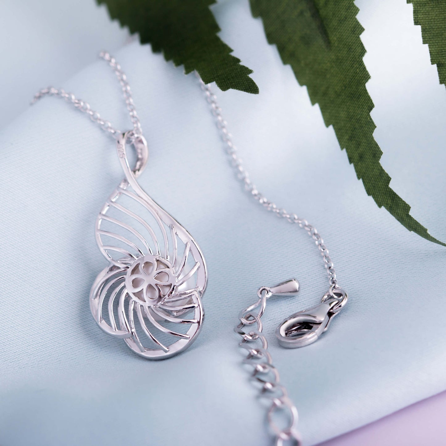 Molah 925 Silver Cultured Freshwater Pearl and Cubic Zirconia Swirl Pendant Necklace for Women