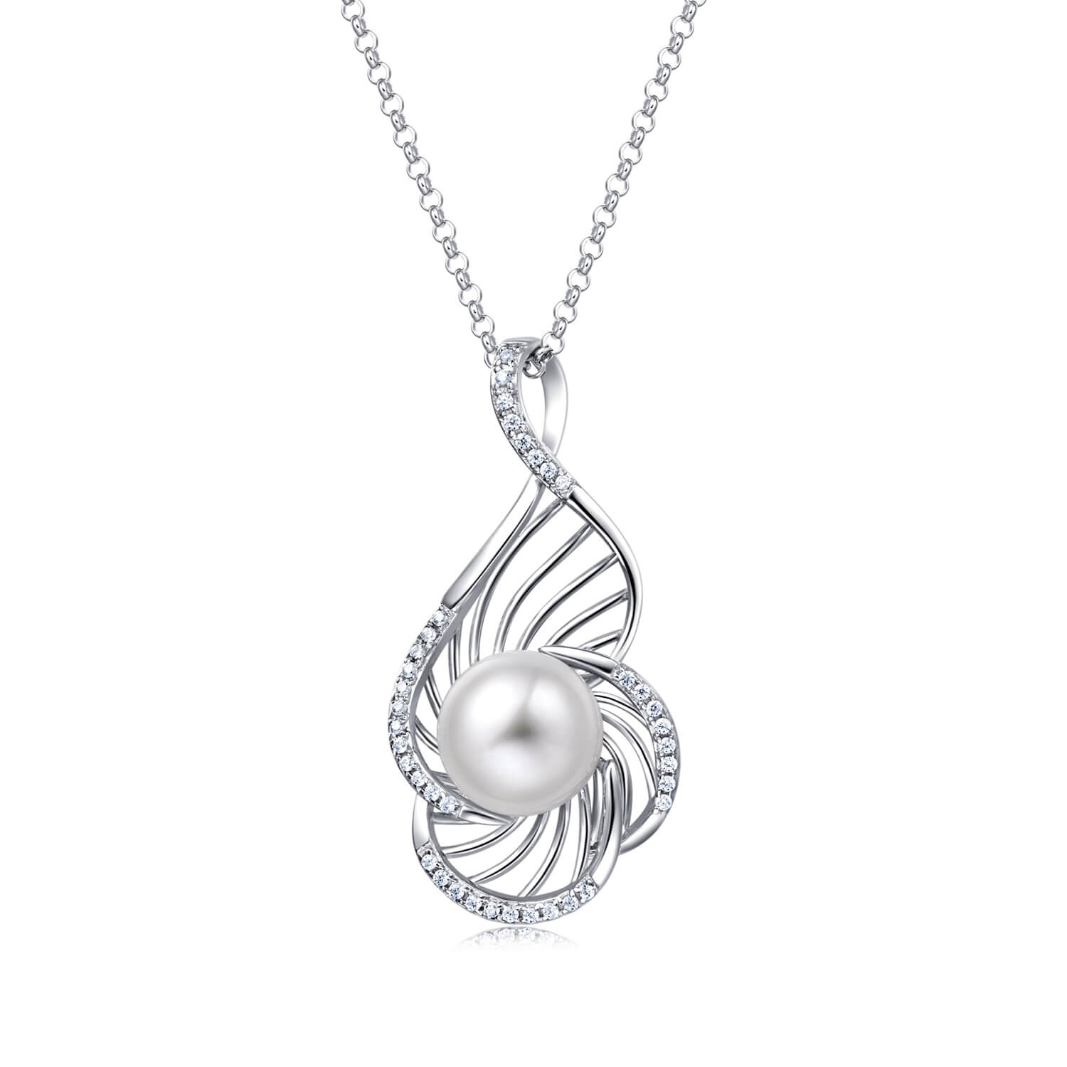 Molah 925 Silver Cultured Freshwater Pearl and Cubic Zirconia Swirl Pendant Necklace for Women