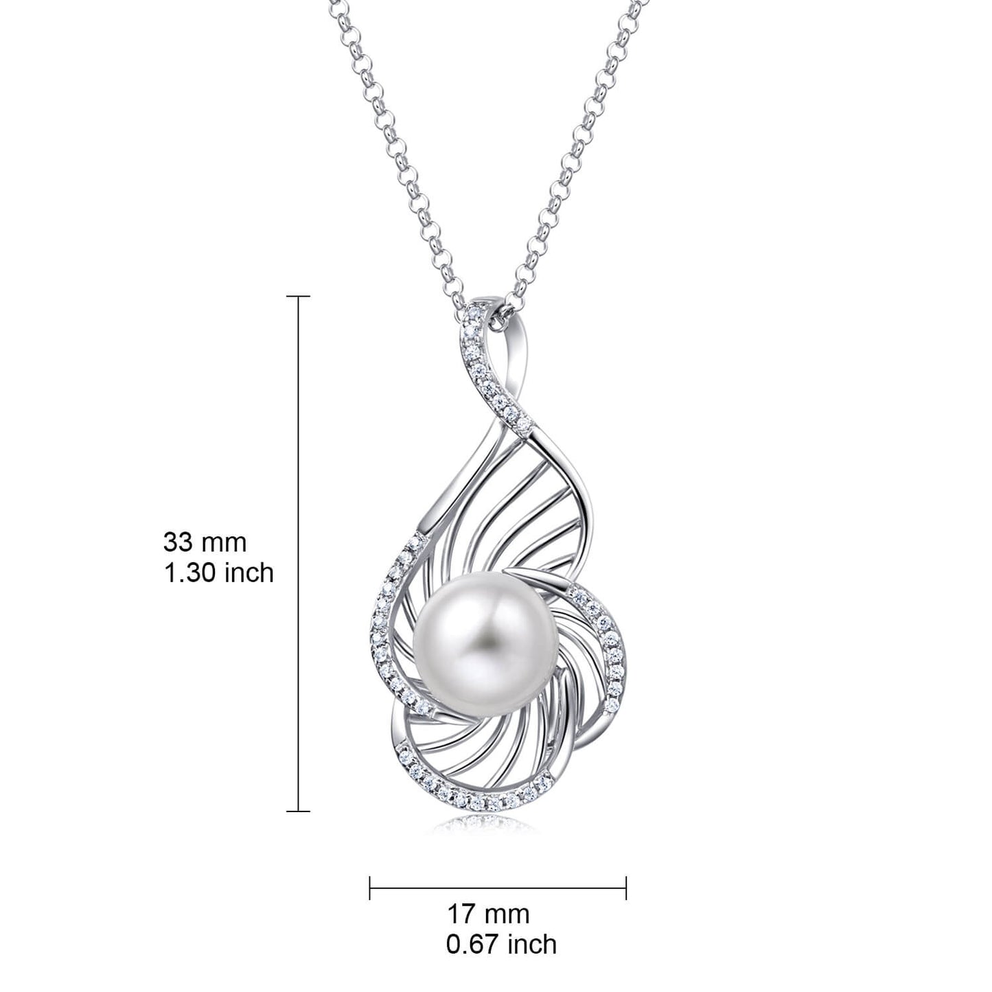 Molah 925 Silver Cultured Freshwater Pearl and Cubic Zirconia Swirl Pendant Necklace for Women