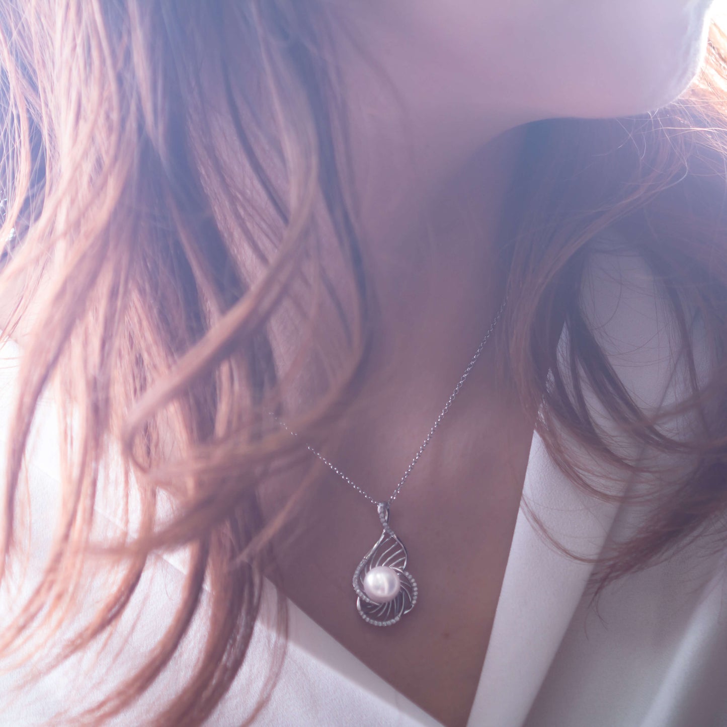 Molah 925 Silver Cultured Freshwater Pearl and Cubic Zirconia Swirl Pendant Necklace for Women
