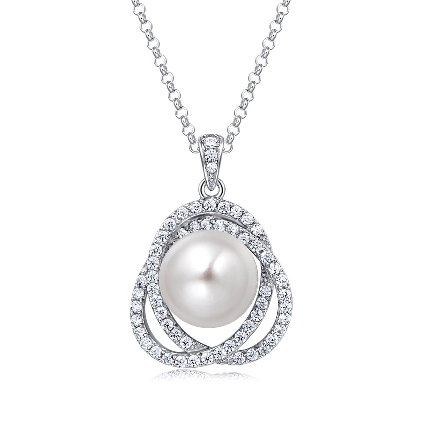 Molah 925 Silver Cultured Freshwater Pearl and Cubic Zirconia Swirl Spiral Pendant Necklace