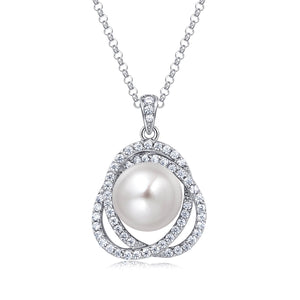 Molah 925 Silver Cultured Freshwater Pearl and Cubic Zirconia Swirl Spiral Pendant Necklace