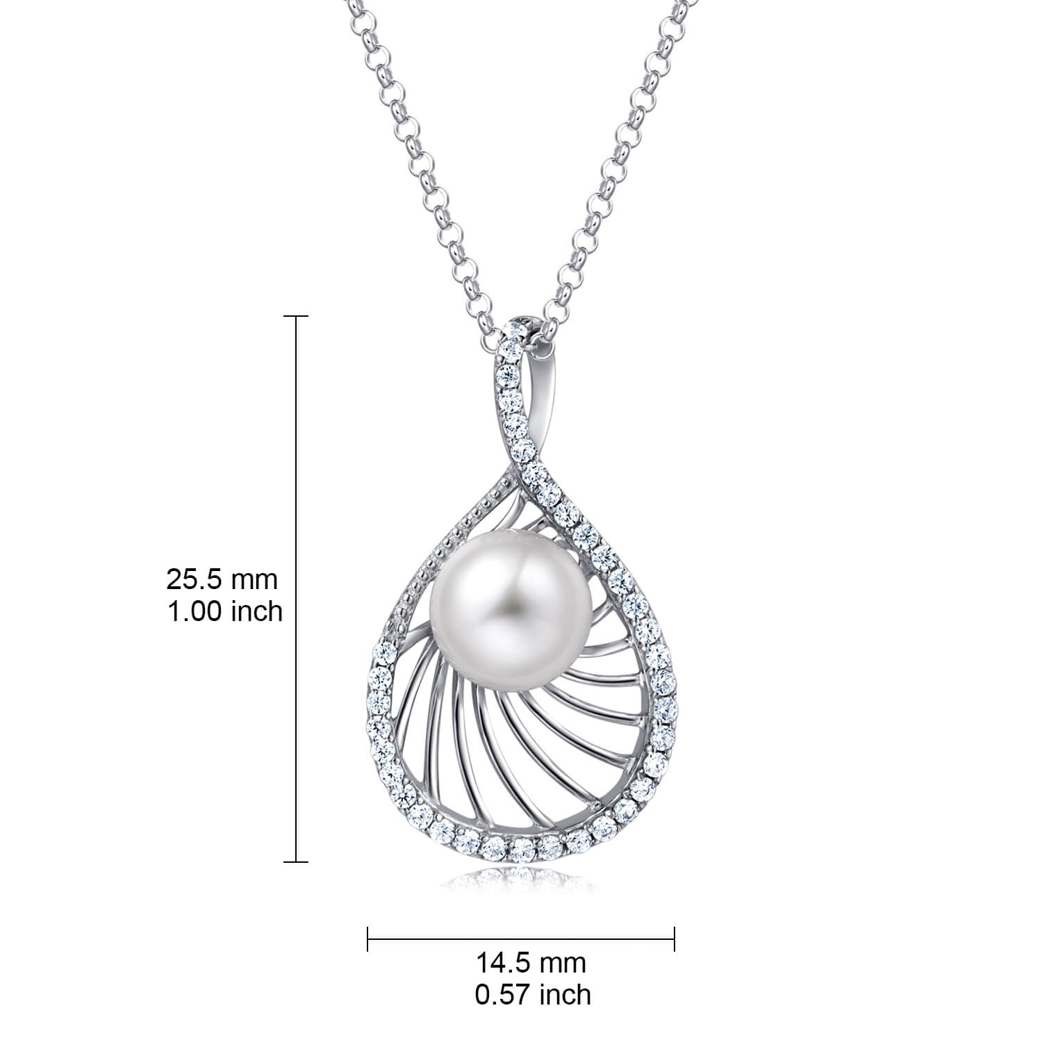 Molah 925 Silver Cultured Freshwater Pearl and Cubic Zirconia Swirl Teardrop Pendant Necklace