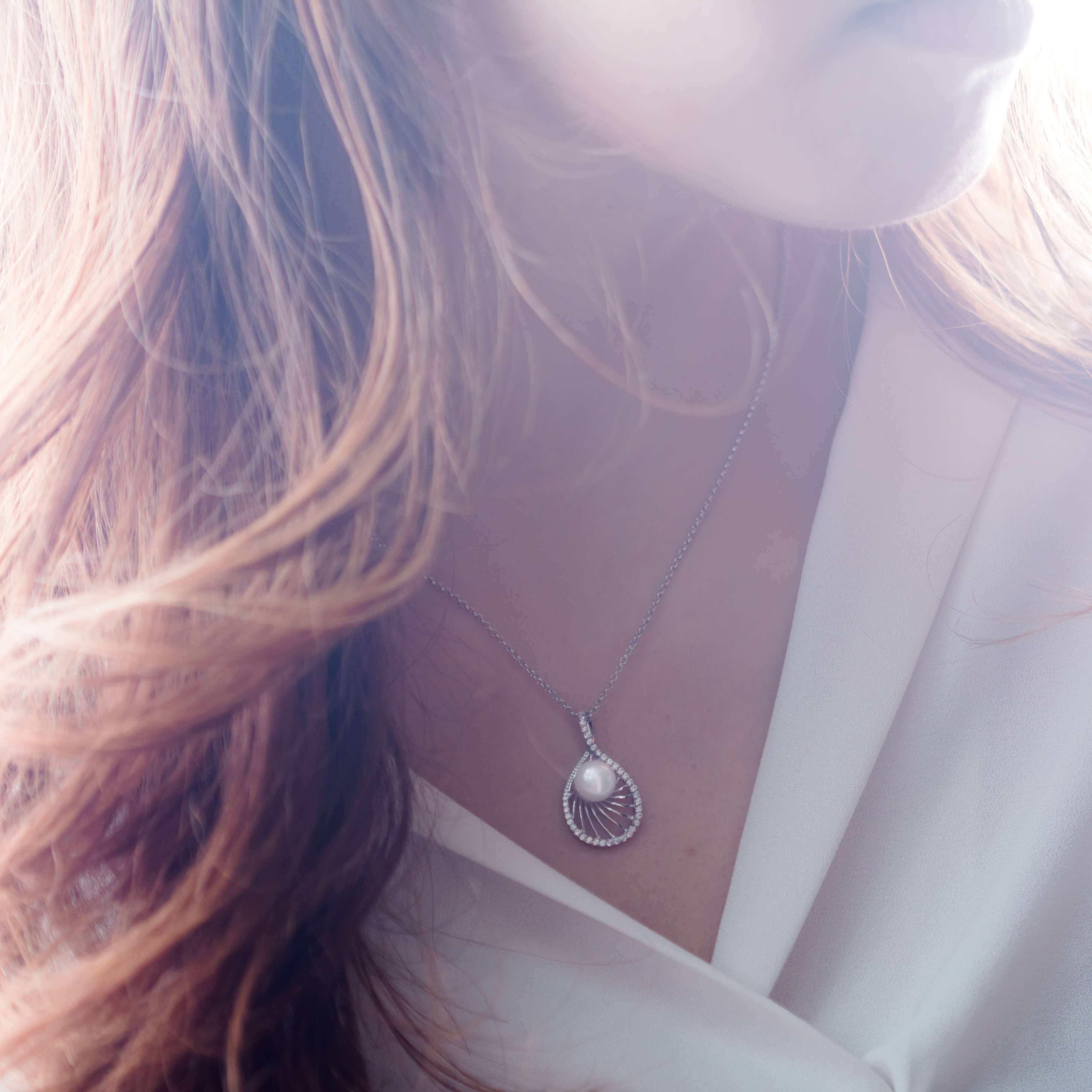 Molah 925 Silver Cultured Freshwater Pearl and Cubic Zirconia Swirl Teardrop Pendant Necklace
