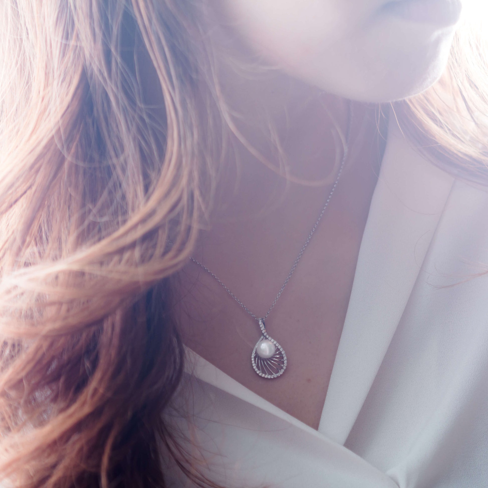 Molah 925 Silver Cultured Freshwater Pearl and Cubic Zirconia Swirl Teardrop Pendant Necklace