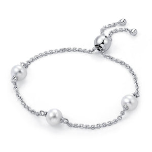 Molah Rhodium Plated 925 Silver Cultured Freshwater Pearl Bolo Adjustable Bracelet