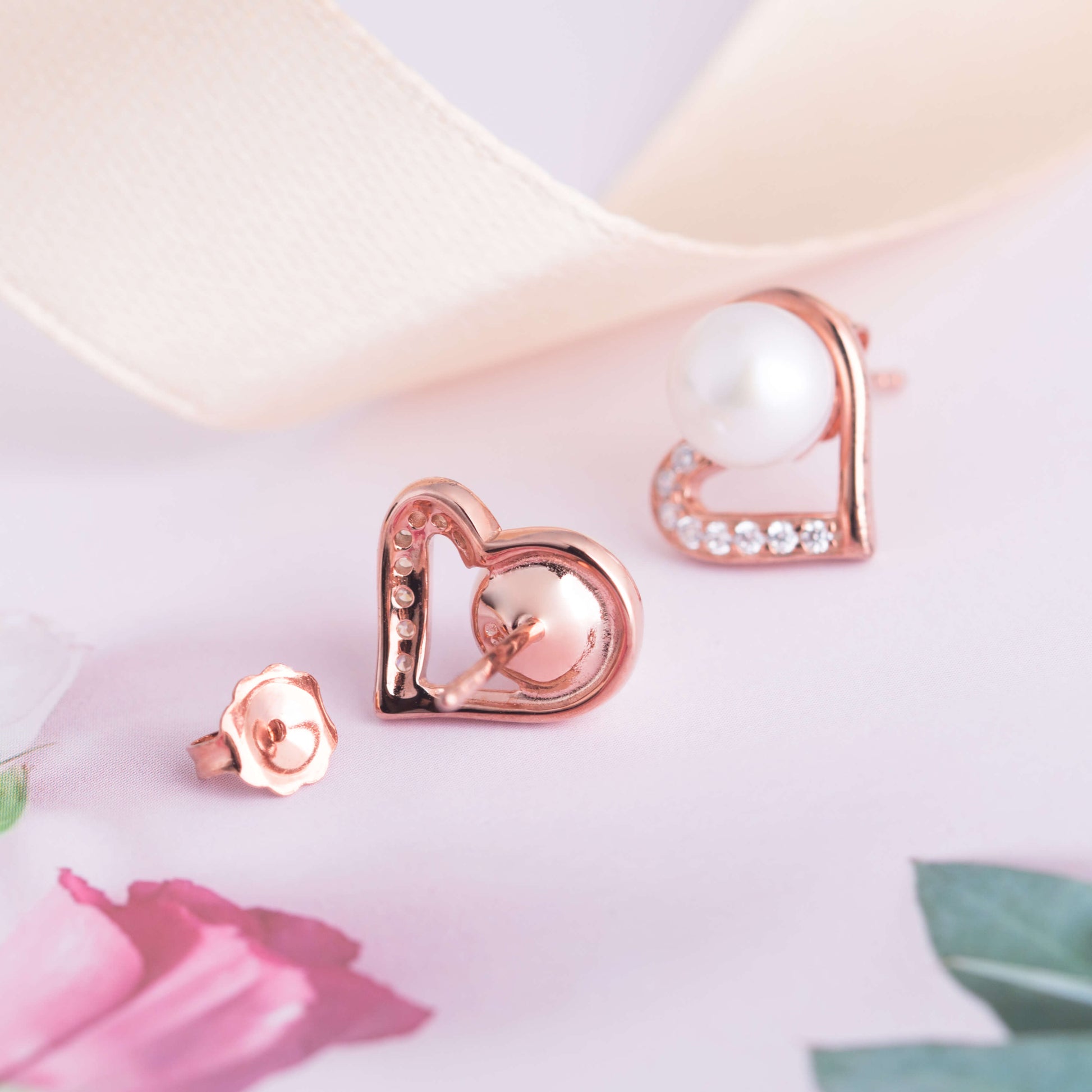 Molah Rose Gold Plated 925 Silver Cultured Freshwater Pearl and CZ Heart Stud Earrings