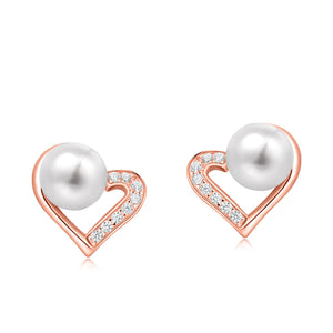 Molah Rose Gold Plated 925 Silver Cultured Freshwater Pearl and CZ Heart Stud Earrings