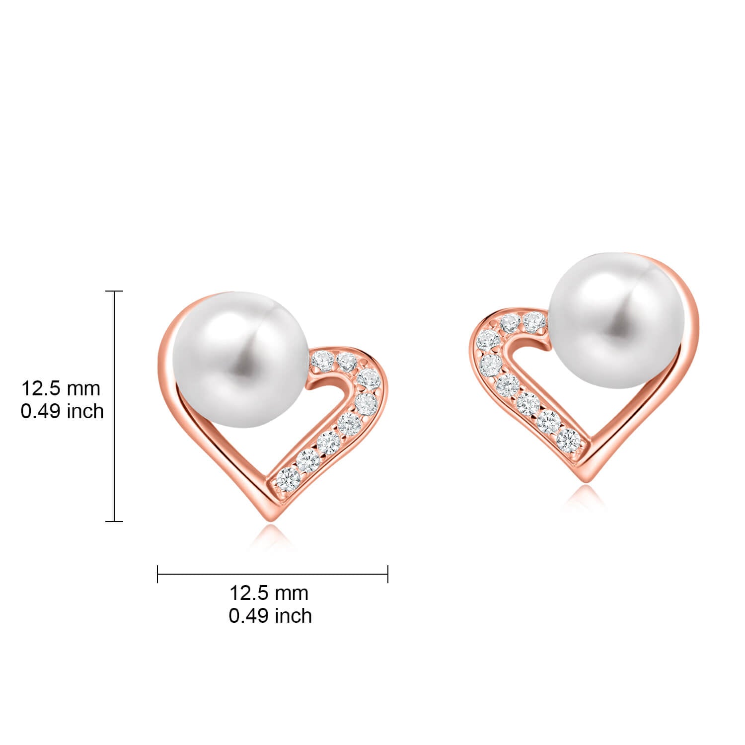Molah Rose Gold Plated 925 Silver Cultured Freshwater Pearl and CZ Heart Stud Earrings
