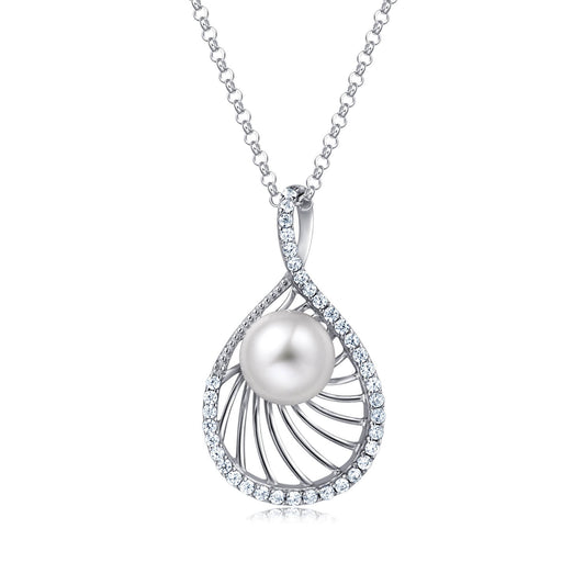 Molah 925 Silver Cultured Freshwater Pearl and Cubic Zirconia Swirl Teardrop Pendant Necklace