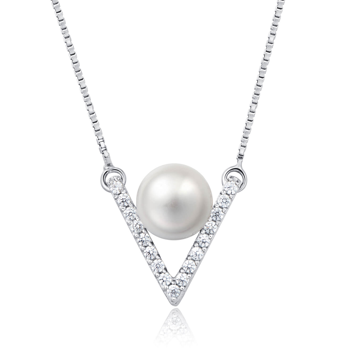 Molah 925 Silver Cultured Freshwater Pearl and Cubic Zirconia Chevron Necklace