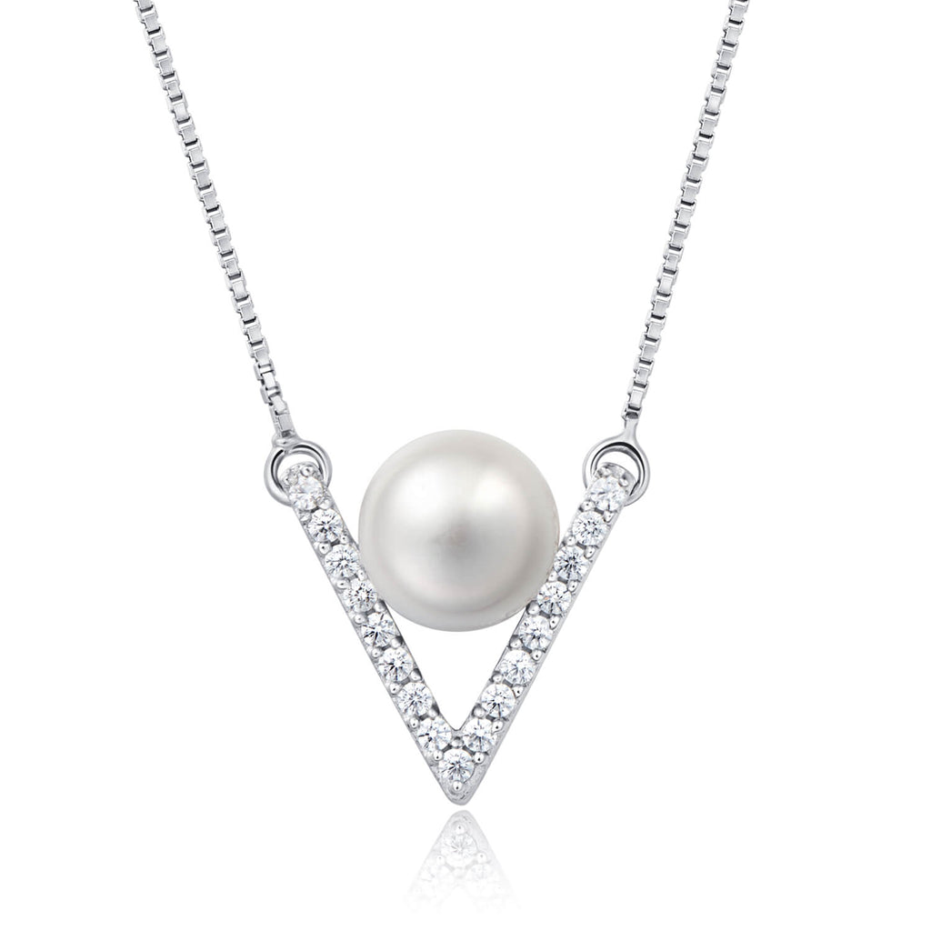 Molah 925 Silver Cultured Freshwater Pearl and Cubic Zirconia Chevron Necklace