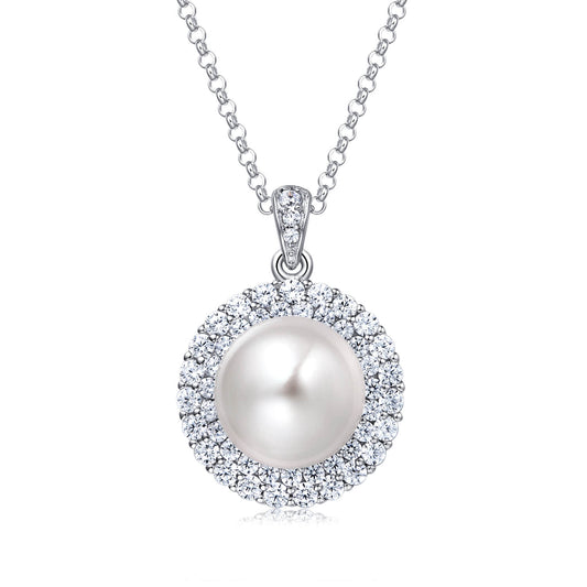 MOLAH 925 Silver Cultured Freshwater Pearl and Cubic Zirconia Double Layer Halo Necklace