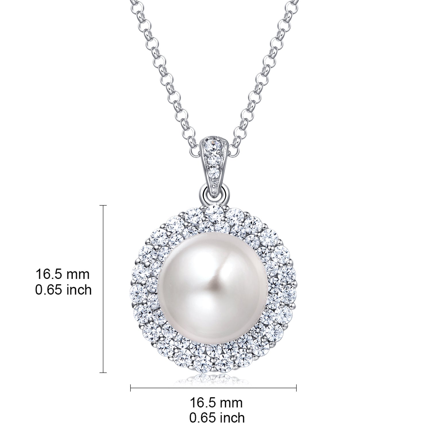 MOLAH 925 Silver Cultured Freshwater Pearl and Cubic Zirconia Double Layer Halo Necklace