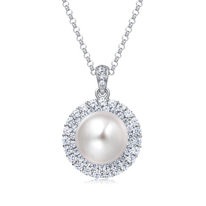 MOLAH 925 Silver Cultured Freshwater Pearl and Cubic Zirconia Double Layer Halo Necklace
