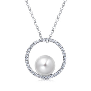 Molah 925 Silver Cultured Freshwater Pearl and Cubic Zirconia Circle Pendant Necklace