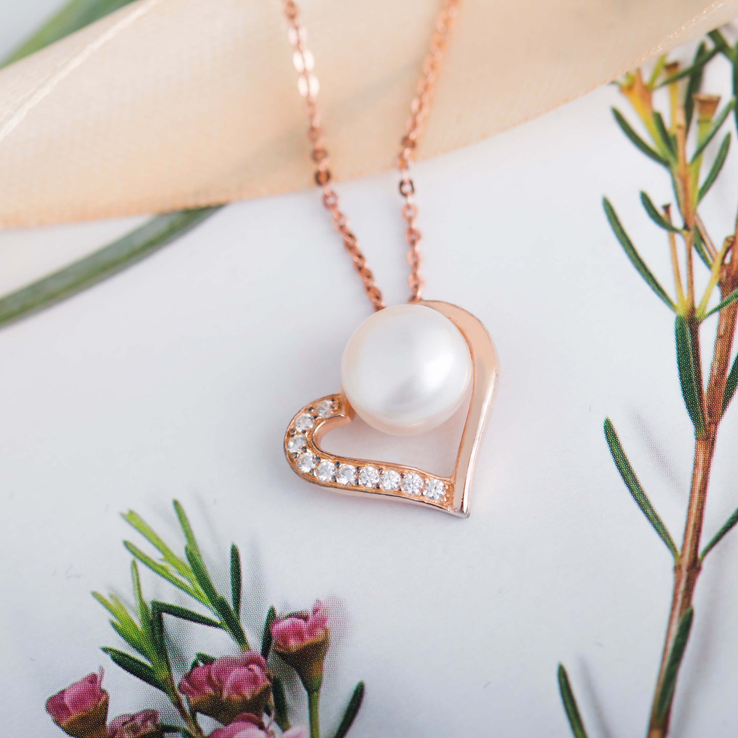 Molah Rose Gold Plated 925 Silver Cultured Freshwater Pearl and CZ Pendant Necklace