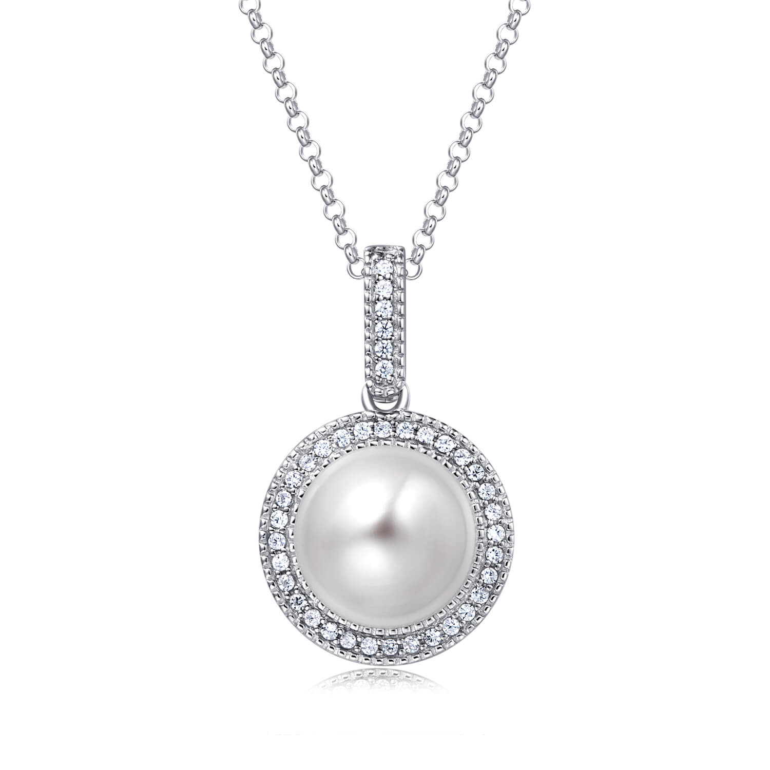 Molah 925 Silver Cultured Freshwater Pearl and Cubic Zirconia Halo Necklace
