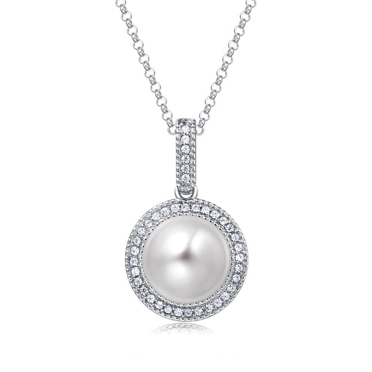 Molah 925 Silver Cultured Freshwater Pearl and Cubic Zirconia Halo Necklace