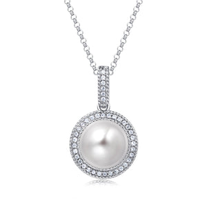 Molah 925 Silver Cultured Freshwater Pearl and Cubic Zirconia Halo Necklace